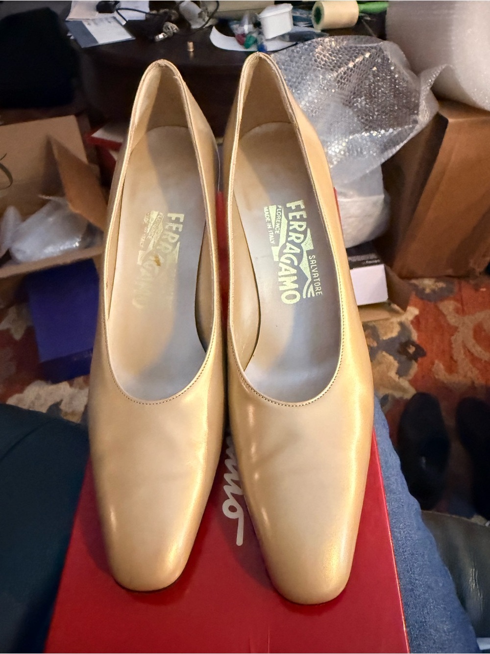 Salvatore Ferragamo Metallic Gold Leather Pointed-Toe Pumps